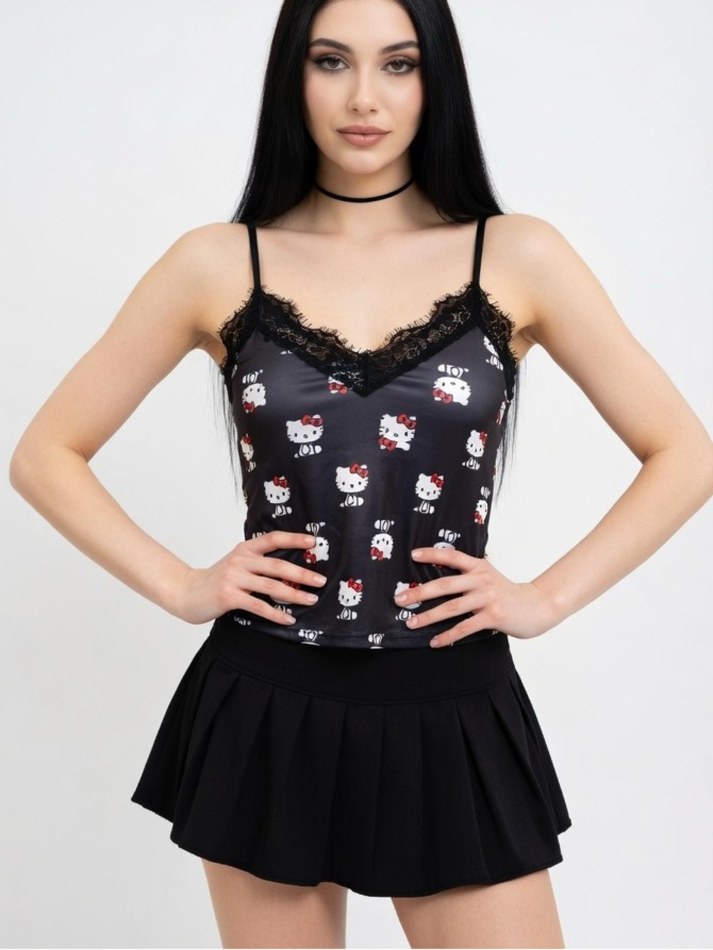 RARE Hello Kitty Black Satin Lace-Trim Crop Camisole with Red Bow Print